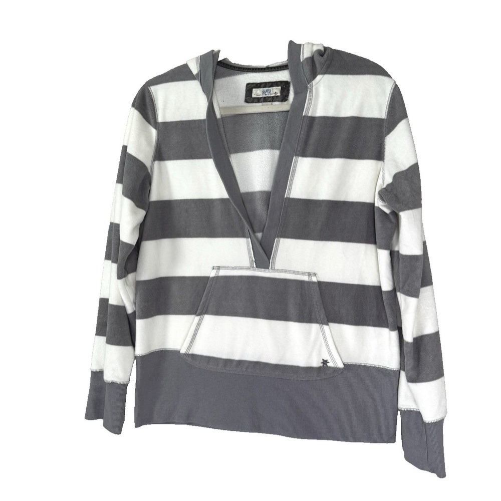 VTG Y2K Striped Top XL Hooded Velour Deep V Pocket Retro Preppy Fisherman